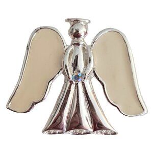 KC Kenneth Cole Silver Tone White Enamel Angel Brooch Pin, Signed